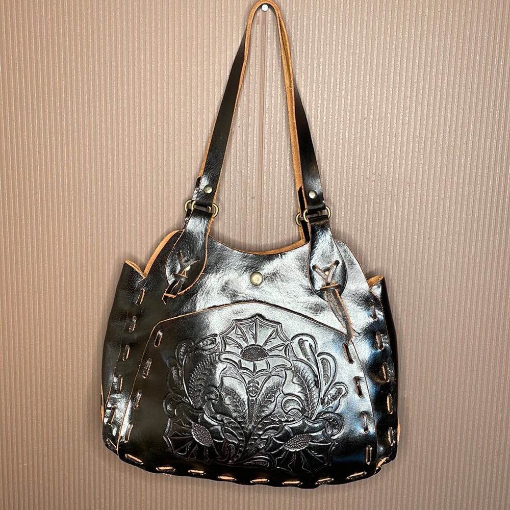 Wabags black  brown leather floral embossed handbag side pockets on both sides